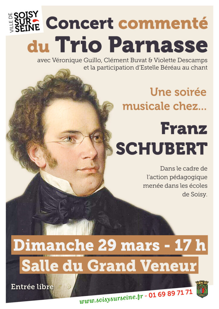 Le Trio Parnasse propose un concert commenté consacré à Franz Schubert, dimanche 29 mars à 17 h, à la Salle du Grand Veneur. Soisy sur Seine 91450